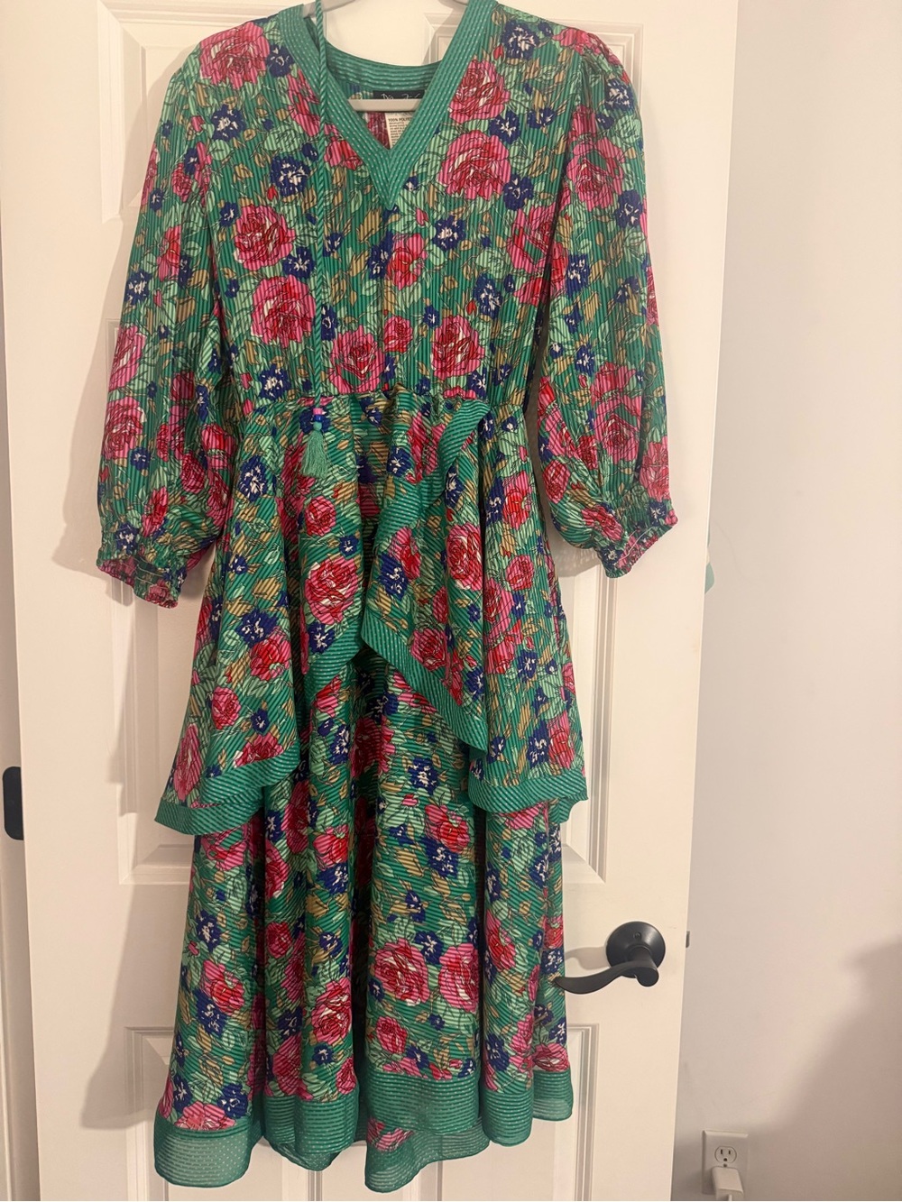 Original Diana Freis Georgette Green Vintage Floral Tiered Maxi Dress